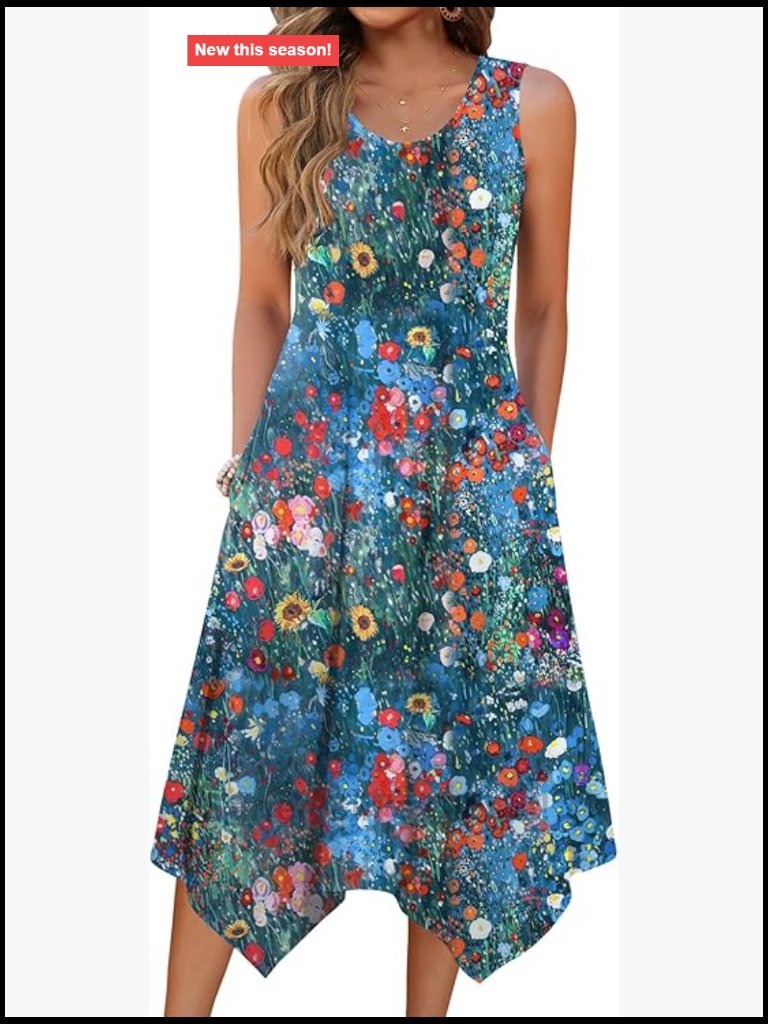 Flowy Midi Tank Dress With Pockets Hanky Hem Summer Casual